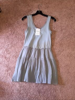 Olive green Tiered Mini Dress with Scoop Neck
